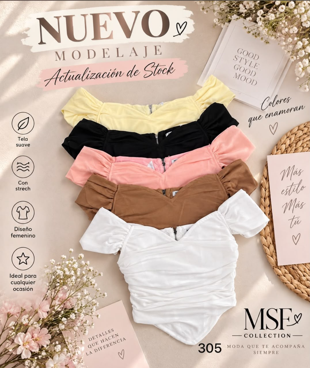 Tops de hombros descubiertos en amarillo, negro, rosa, café y blanco, de Raquel BF Boutique