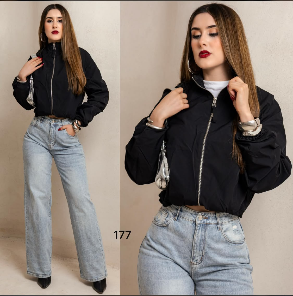 Chamarra negra rompevientos con cierre plateado, de Raquel BF Boutique