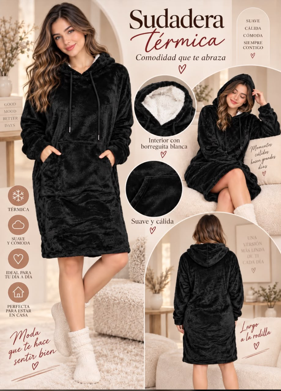 Sudadera térmica negra con capucha e interior de borreguita, de Raquel BF Boutique