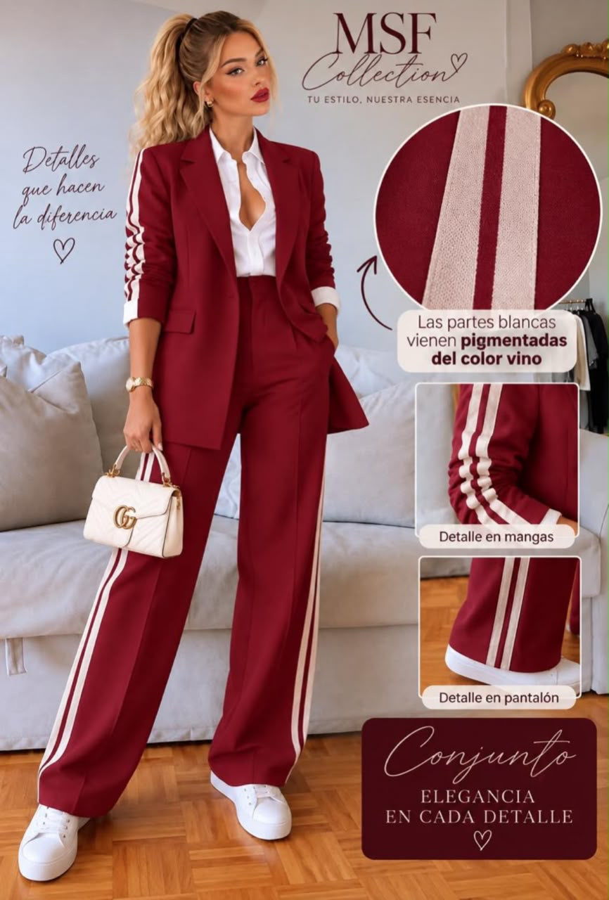 Conjunto de blazer y pantalón color vino con franjas blancas, de Raquel BF Boutique