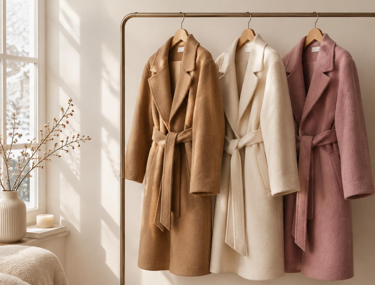 Chamarras de invierno en camel, crema y rosa palo colgadas en un perchero, de Raquel BF Boutique
